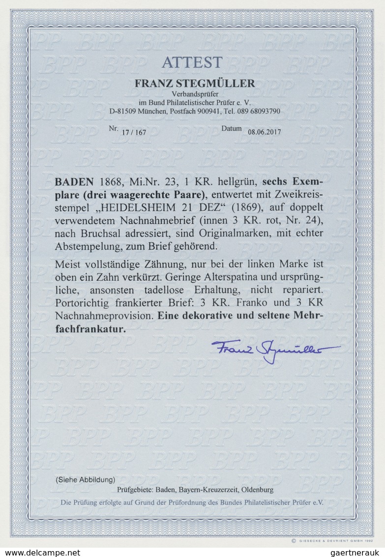Baden - Marken Und Briefe: 1868: 1 Kreuzer Hellgrün, 3 Waagerechte Paare Als Seltene Mehrfachfrankat - Otros & Sin Clasificación