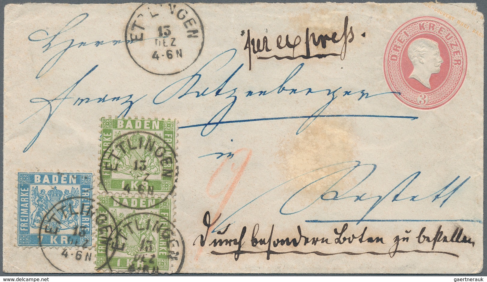 Baden - Ganzsachen: 1866/68: Ganzsachenumschlag 3 Kr. Rosa Mit 1 Kr. Lebhaftgrün Im Senkrechten Paar - Other & Unclassified