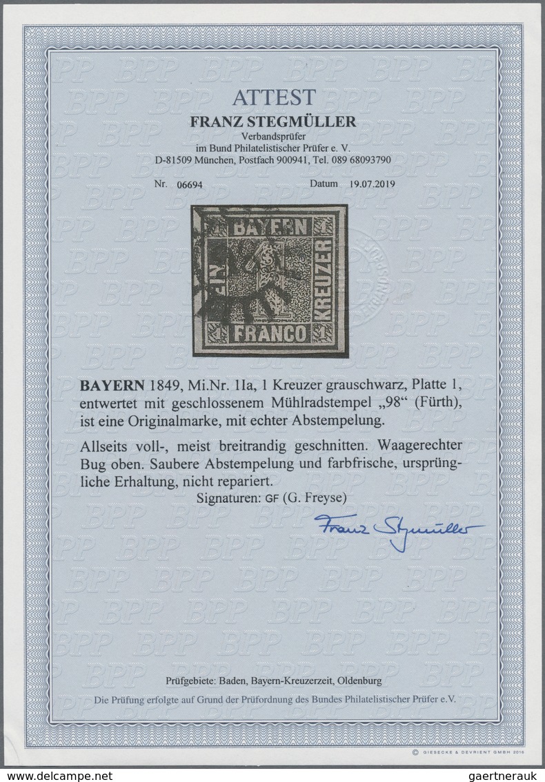 Bayern - Marken Und Briefe: 1849, "Schwarzer Einser", 1 Kreuzer Grauschwarz, Platte 1, Entwertet Mit - Other & Unclassified