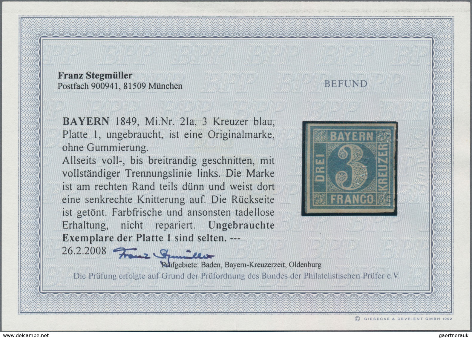 Bayern - Marken Und Briefe: 1849, Ziffern 3 Kr. Blau Von Platte 1, Ungebraucht Ohne Gummi, Farbfrisc - Sonstige & Ohne Zuordnung
