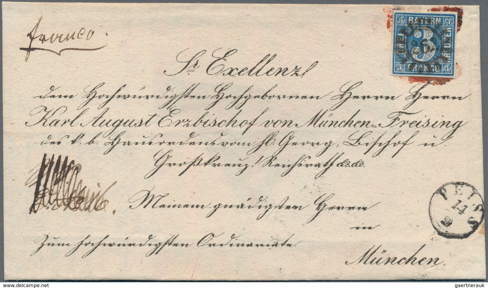 Bayern - Marken Und Briefe: 1850, Ziffern 3 Kr. Blau Auf BISCHOFBRIEF Mit Kleinem K1 "PEISS 14 9 (18 - Sonstige & Ohne Zuordnung