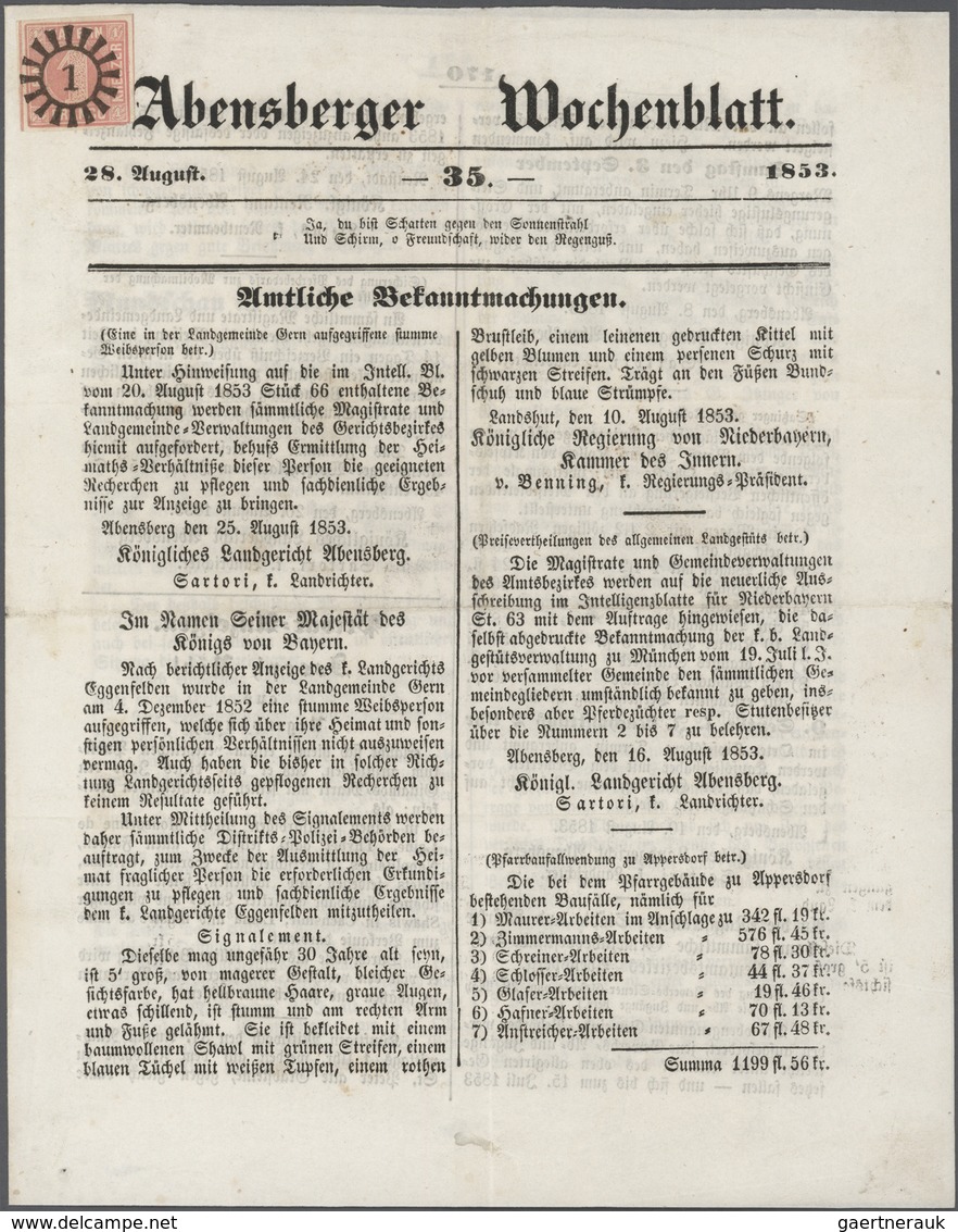 Bayern - Marken Und Briefe: 1850, Ziffern 1 Kr. Rosa In Type I Mit GMR "1" Auf Kompletter Zeitungsse - Sonstige & Ohne Zuordnung