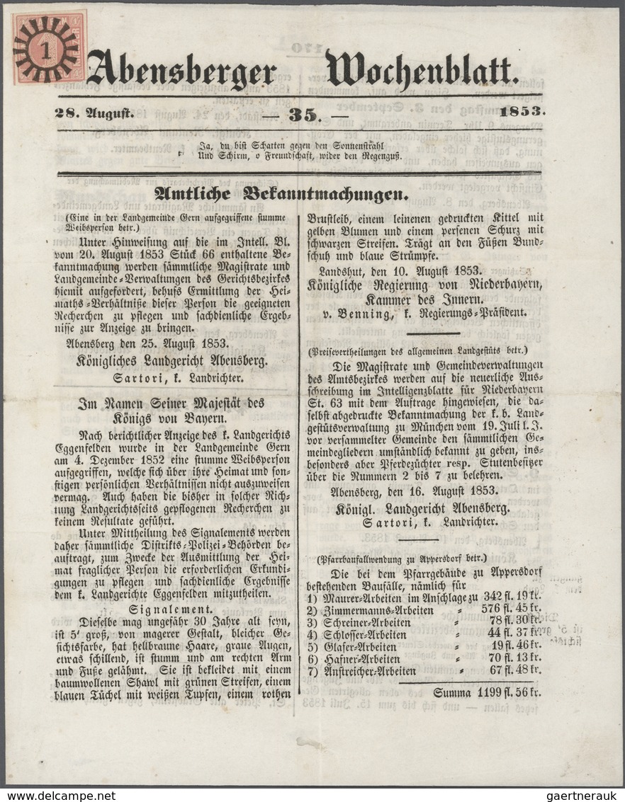 Bayern - Marken Und Briefe: 1850, Ziffern 1 Kr. Rosa In Type I Mit GMR "1" Auf Kompletter Zeitungsse - Otros & Sin Clasificación