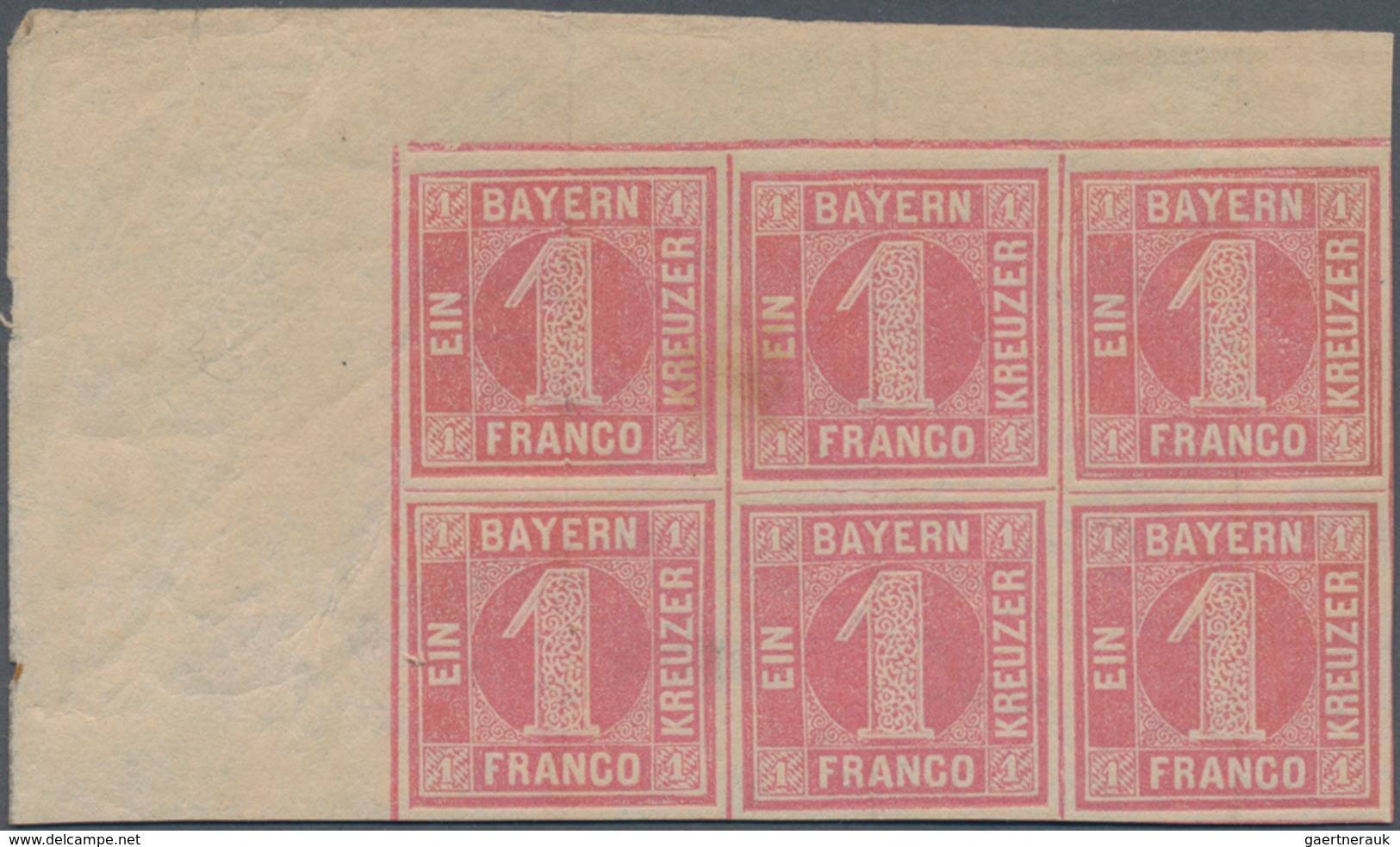 Bayern - Marken Und Briefe: 1850, Ziffern 1 Kr. Rosa Platte 1 Als Linker Oberer ECKRAND-SECHSERBLOCK - Other & Unclassified