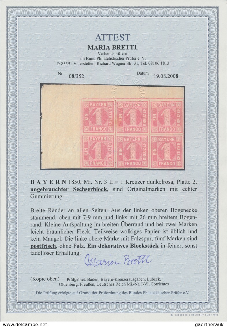 Bayern - Marken Und Briefe: 1850, Ziffern 1 Kr. Rosa Platte 1 Als Linker Oberer ECKRAND-SECHSERBLOCK - Sonstige & Ohne Zuordnung