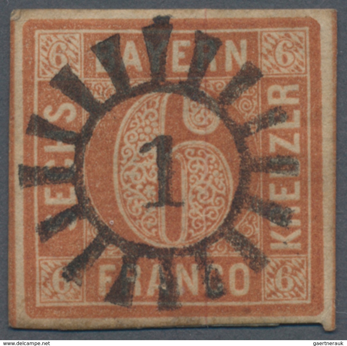 Bayern - Marken Und Briefe: 1850, 6 Kreuzer Rötlichbraun Entwertet Mit Bildschönem GMR "1" Abensberg - Sonstige & Ohne Zuordnung