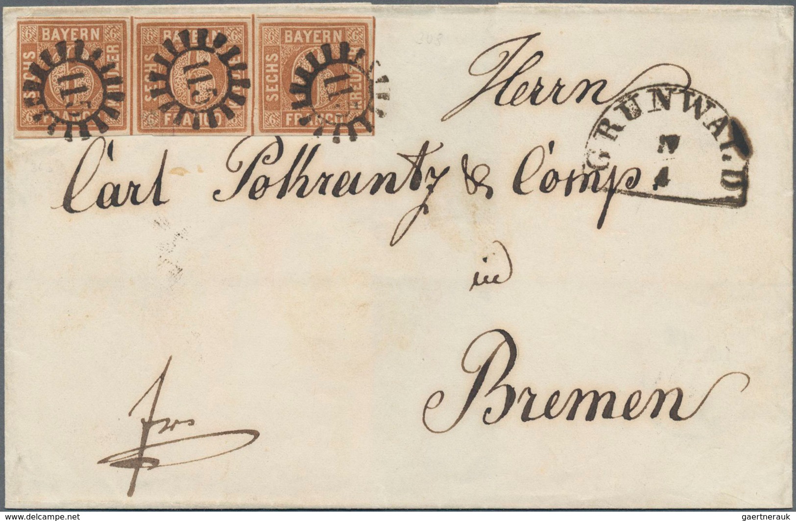 Bayern - Marken Und Briefe: 1850, Ziffern 6 Kr. Braunorange In Type II, Platte 3 Als DREIERSTREIFEN - Sonstige & Ohne Zuordnung