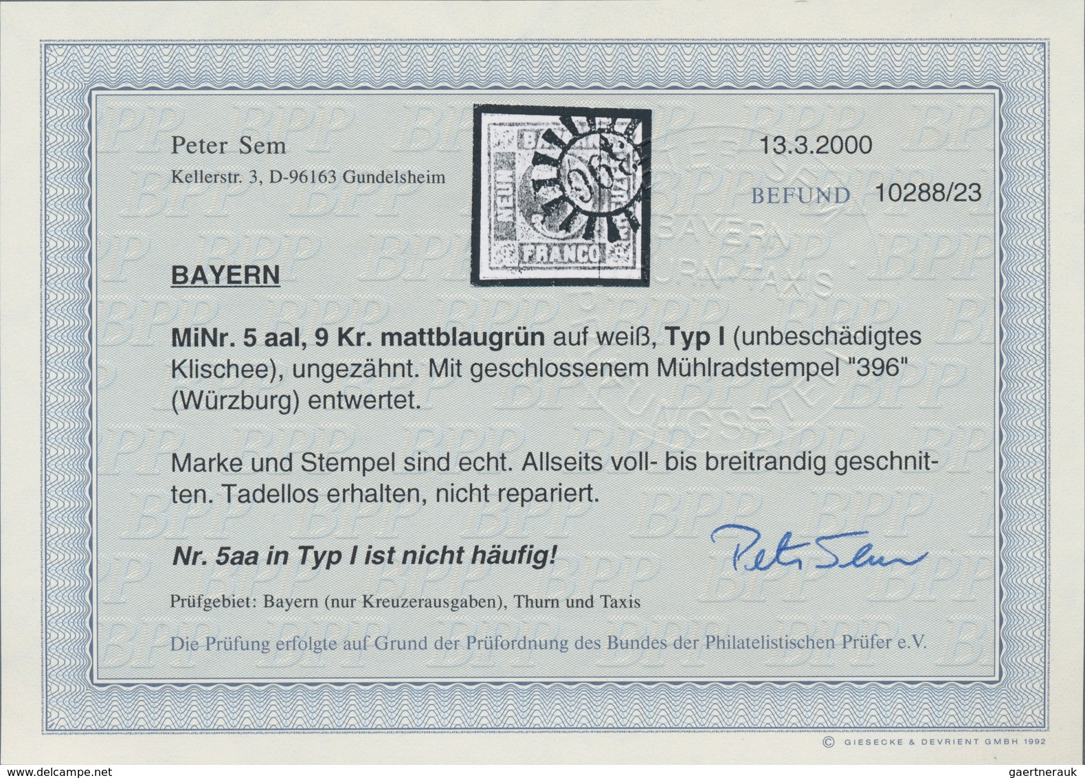 Bayern - Marken Und Briefe: 1850, Ziffern 9 Kr. In Aa-Farbe Mattbäulichgrün Gestempelt In Den Typen - Sonstige & Ohne Zuordnung