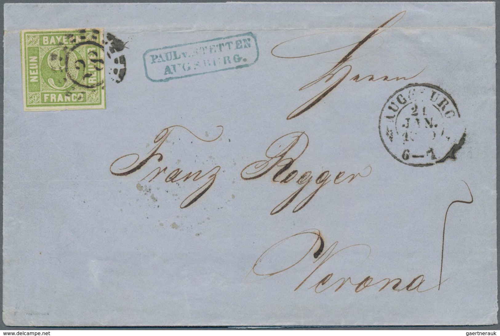 Bayern - Marken Und Briefe: 1850 Ziffern 9 Kr. Gelbgrün, Type I Von "AUGSBURG 21 JAN 1860" Nach Vero - Sonstige & Ohne Zuordnung