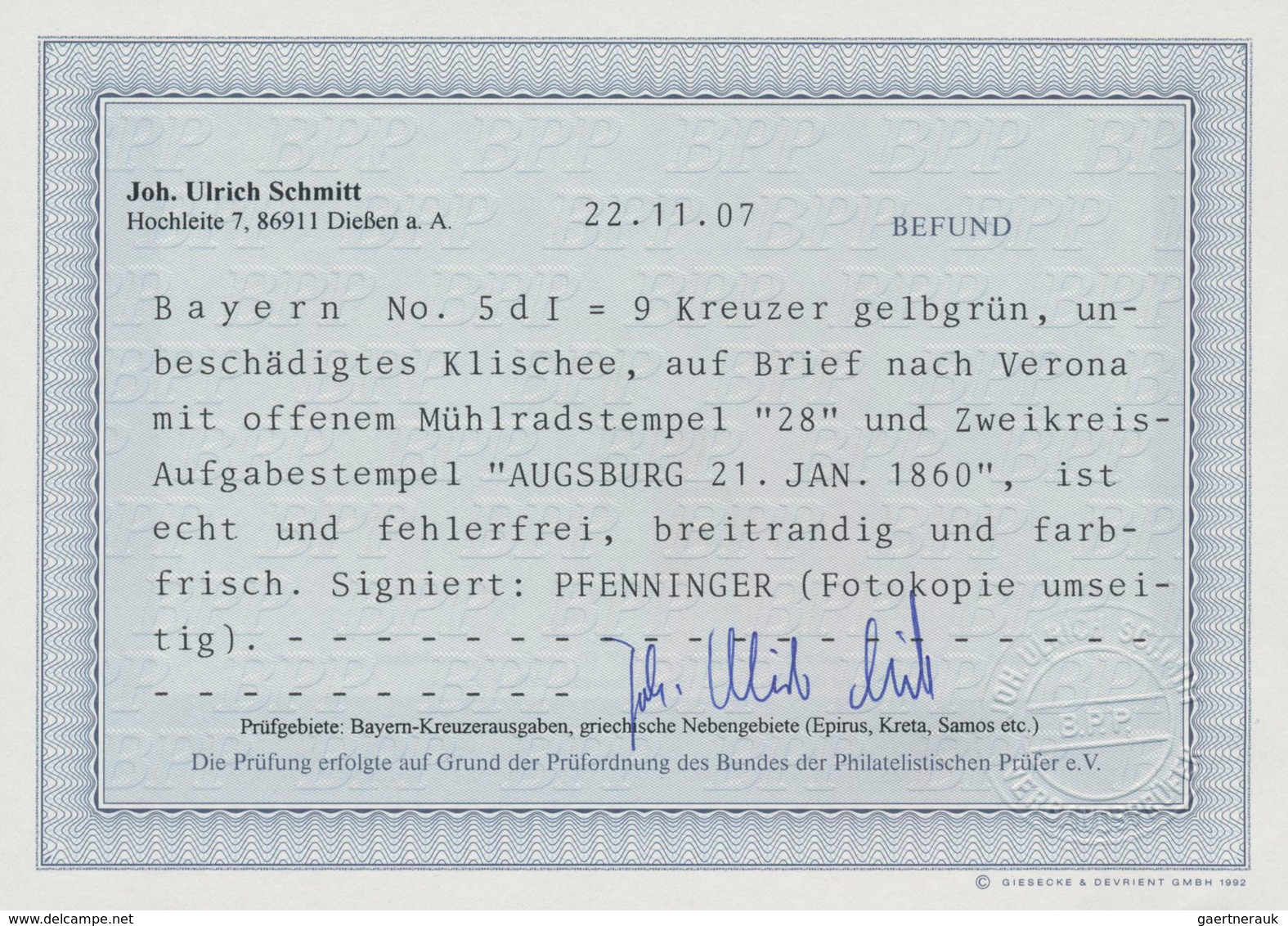 Bayern - Marken Und Briefe: 1850 Ziffern 9 Kr. Gelbgrün, Type I Von "AUGSBURG 21 JAN 1860" Nach Vero - Andere & Zonder Classificatie