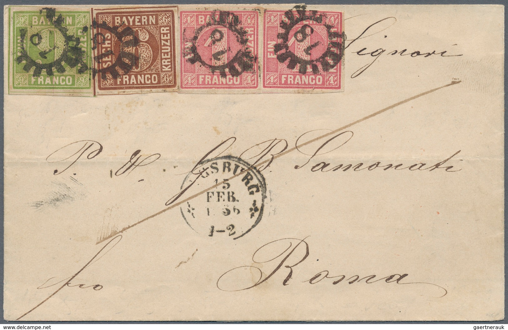 Bayern - Marken Und Briefe: 1850, Ziffern 9 Kr. Gelbgrün, Type II , Paar 1 Kr. Rosa + 6 Kr. Rötlichb - Sonstige & Ohne Zuordnung