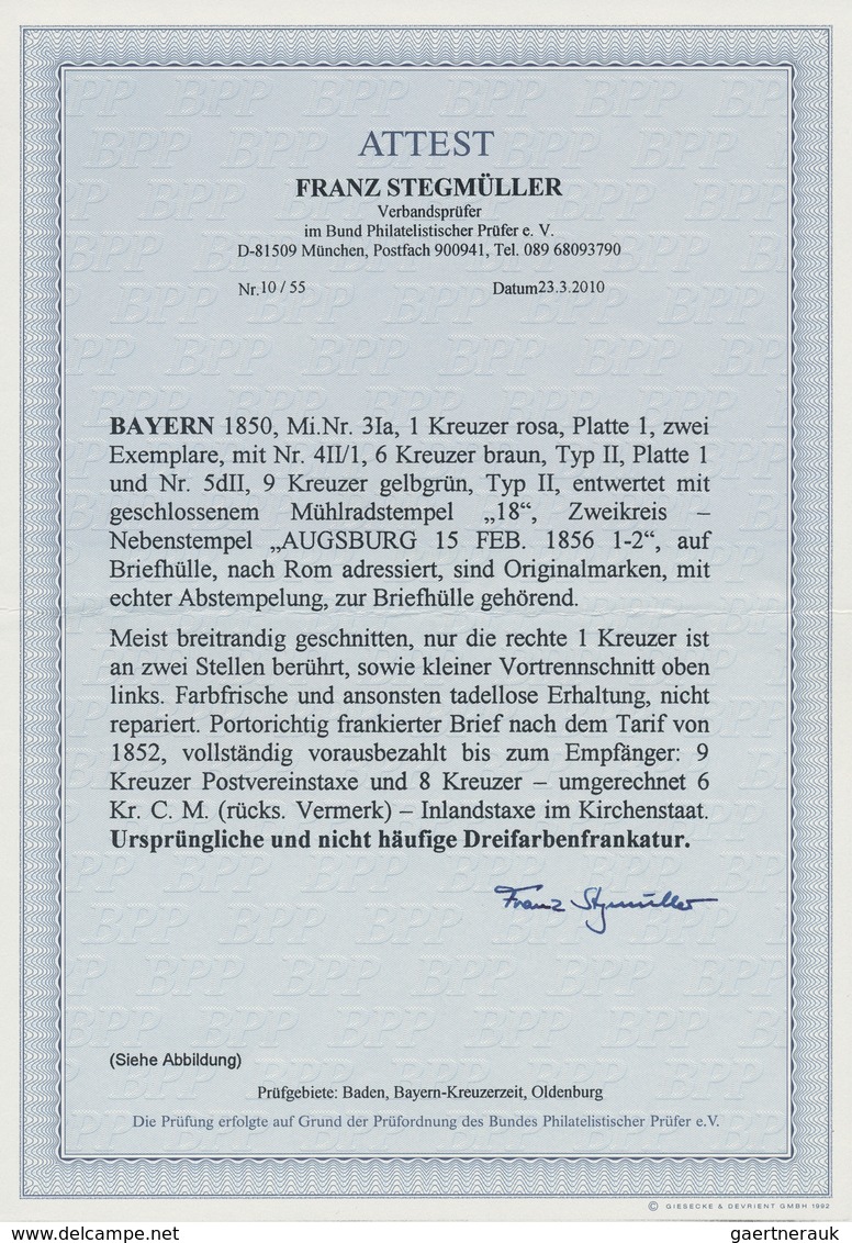 Bayern - Marken Und Briefe: 1850, Ziffern 9 Kr. Gelbgrün, Type II , Paar 1 Kr. Rosa + 6 Kr. Rötlichb - Andere & Zonder Classificatie