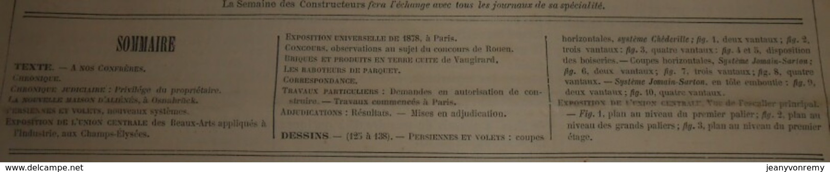 La Semaine Des Constructeurs. N°12. 30 Septembre 1876. Privilège Du Propriétaire. La Maison D'aliénés à Osnabruck. - Revues Anciennes - Avant 1900