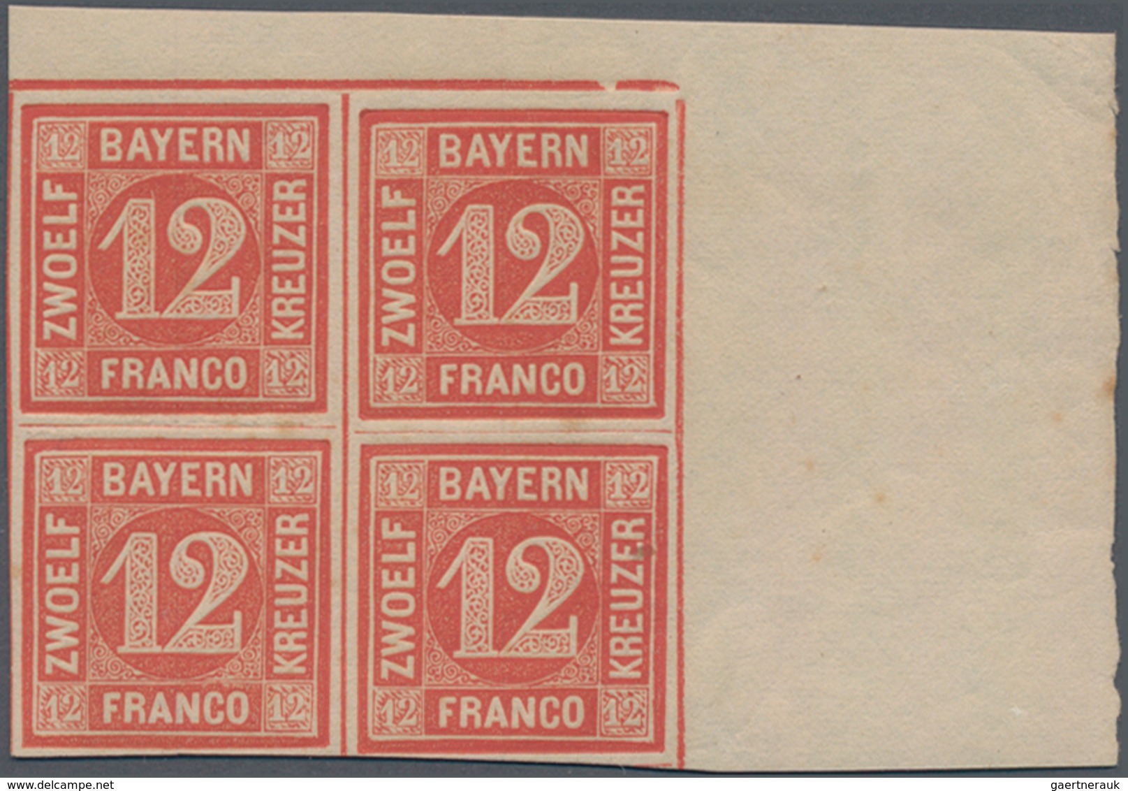 Bayern - Marken Und Briefe: 1854, Ziffern 12 Kr. Rot Im Rechten Oberen ECKRAND-VIERERBLOCK, Dabei Dr - Altri & Non Classificati