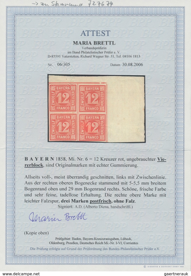 Bayern - Marken Und Briefe: 1854, Ziffern 12 Kr. Rot Im Rechten Oberen ECKRAND-VIERERBLOCK, Dabei Dr - Altri & Non Classificati