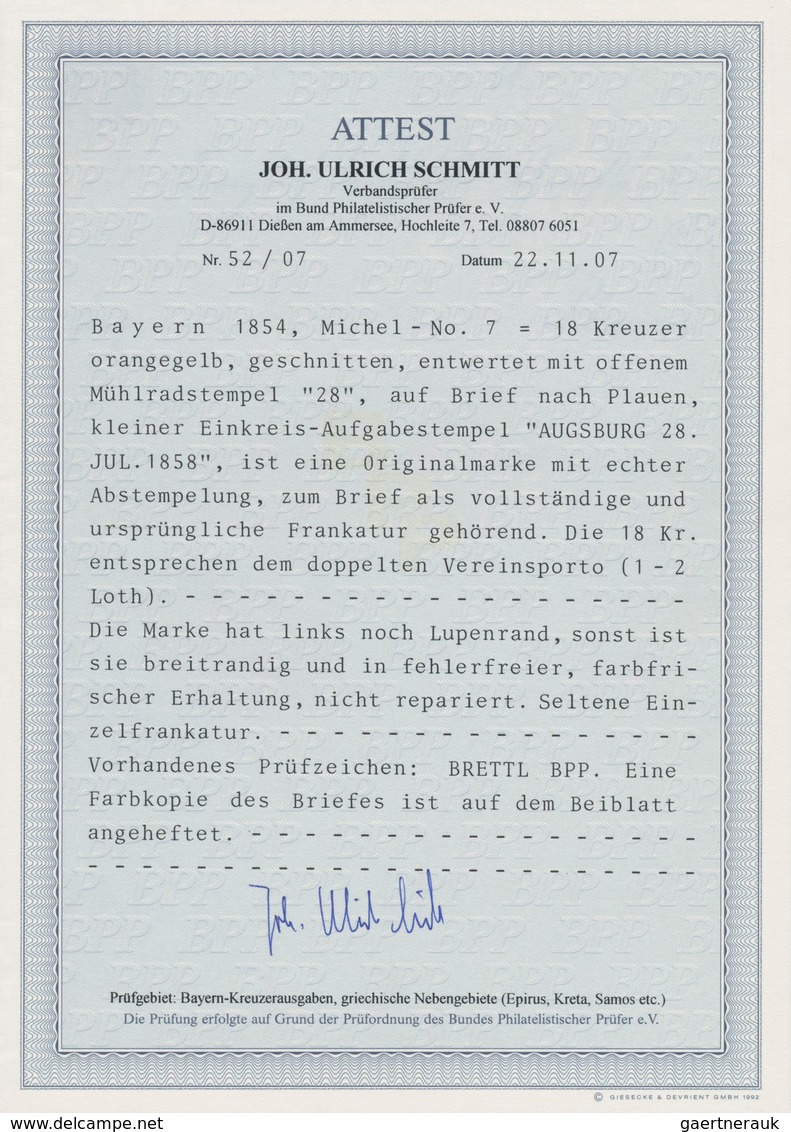 Bayern - Marken Und Briefe: 1850, Ziffern 18 Kr. Gelblichorange Als EINZELFRANKATUR Auf Brief Mit OM - Andere & Zonder Classificatie