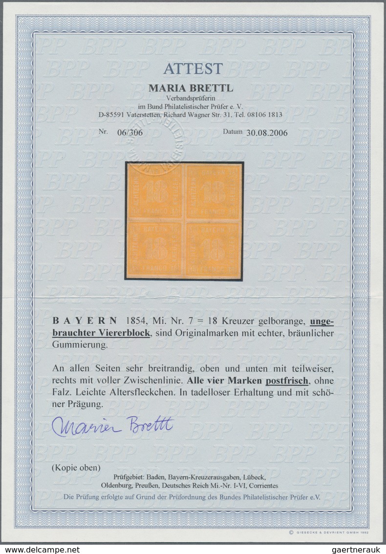 Bayern - Marken Und Briefe: 1854, Ziffern 18 Kr. Gelborange Als POSTFRISCHER VIERERBLOCK, Farbfrisch - Sonstige & Ohne Zuordnung