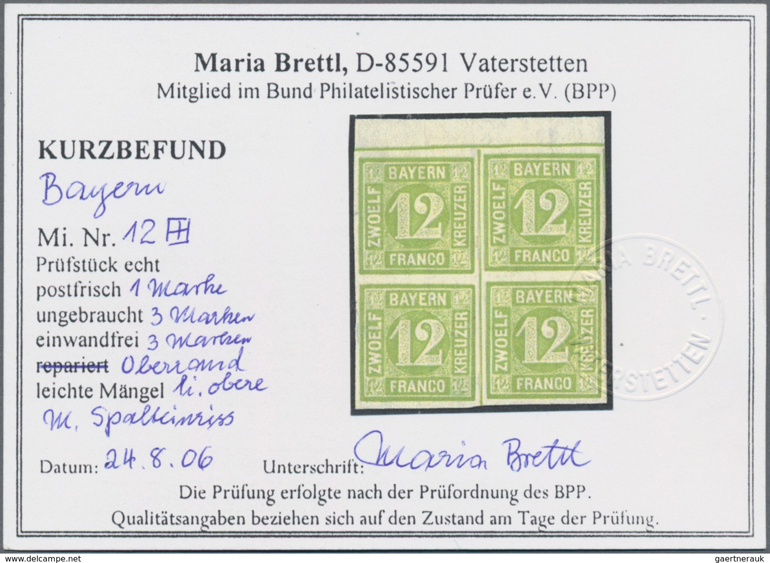 Bayern - Marken Und Briefe: 1862, Ziffern 12 Kr. Dunkelgelbgrün Als VIERERBLOCK, Dabei Zwei Marken P - Andere & Zonder Classificatie