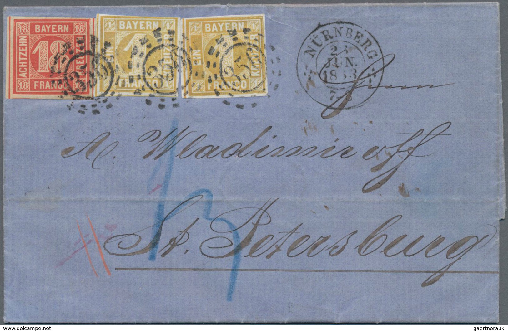 Bayern - Marken Und Briefe: 1862 Ziffern 18 Kr. Rot + 2x 1 Kr. Gelb Auf Brief Von "NÜRNBERG 23 JUN 1 - Altri & Non Classificati