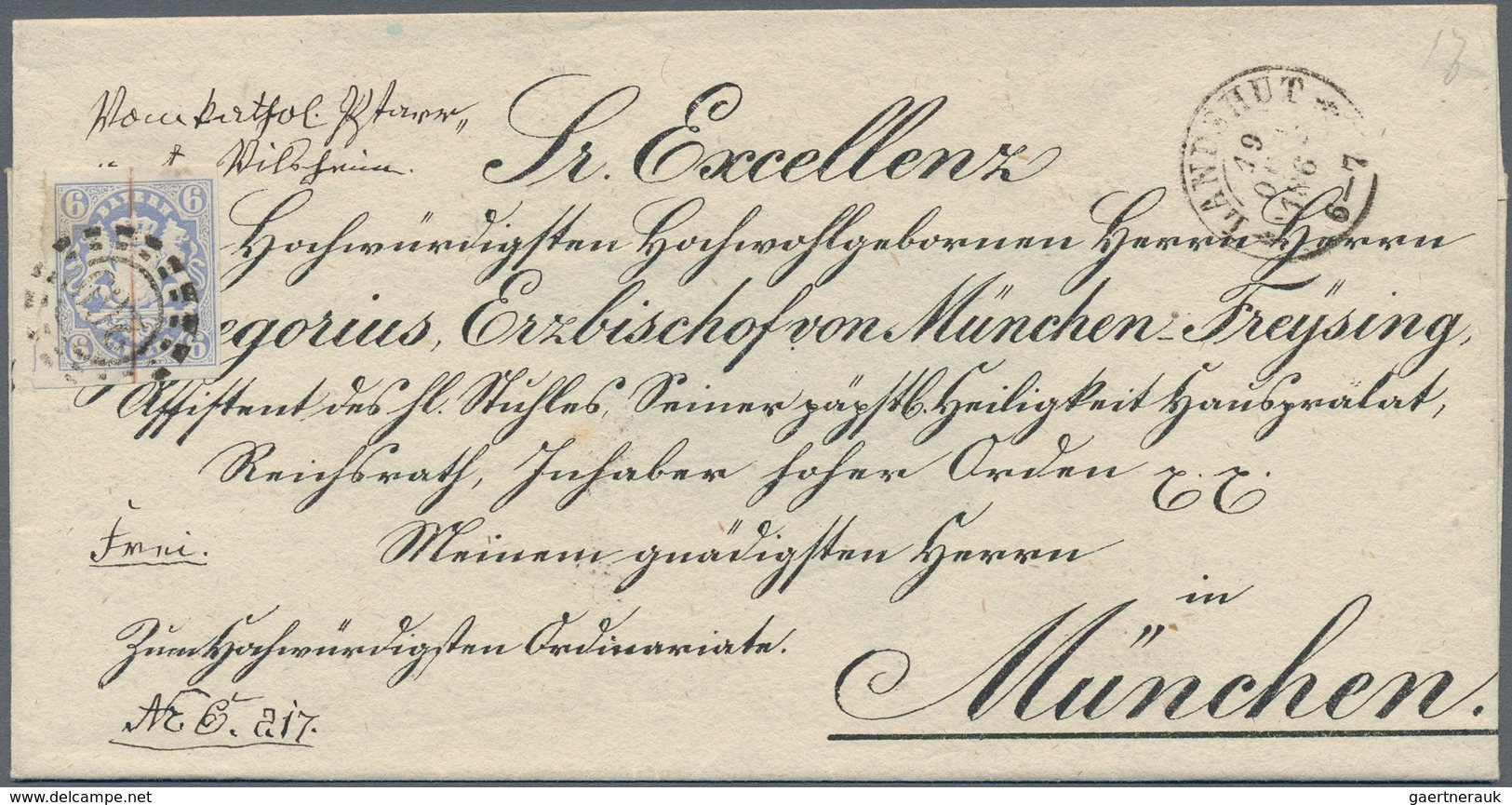 Bayern - Marken Und Briefe: 1867, Wappen 6 Kr. Hellultramarin Auf VORDRUCK-BISCHOFBRIEF Mit OMR "269 - Sonstige & Ohne Zuordnung