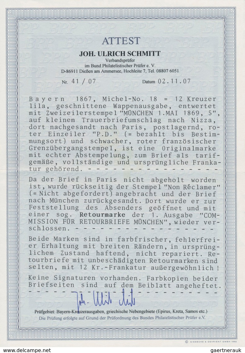 Bayern - Marken Und Briefe: 1867, Wappen 12 Kr. Geschnitten Auf Brief Von München Nach Nizza U. Pari - Altri & Non Classificati