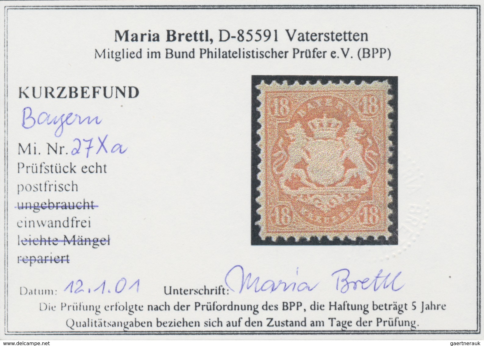 Bayern - Marken Und Briefe: 1870 Wappen 1 Kr., 3 Kr., 6 Kr., 7 Kr. A+b, 18 Kr., 10 Kr. Je Ungebrauch - Andere & Zonder Classificatie