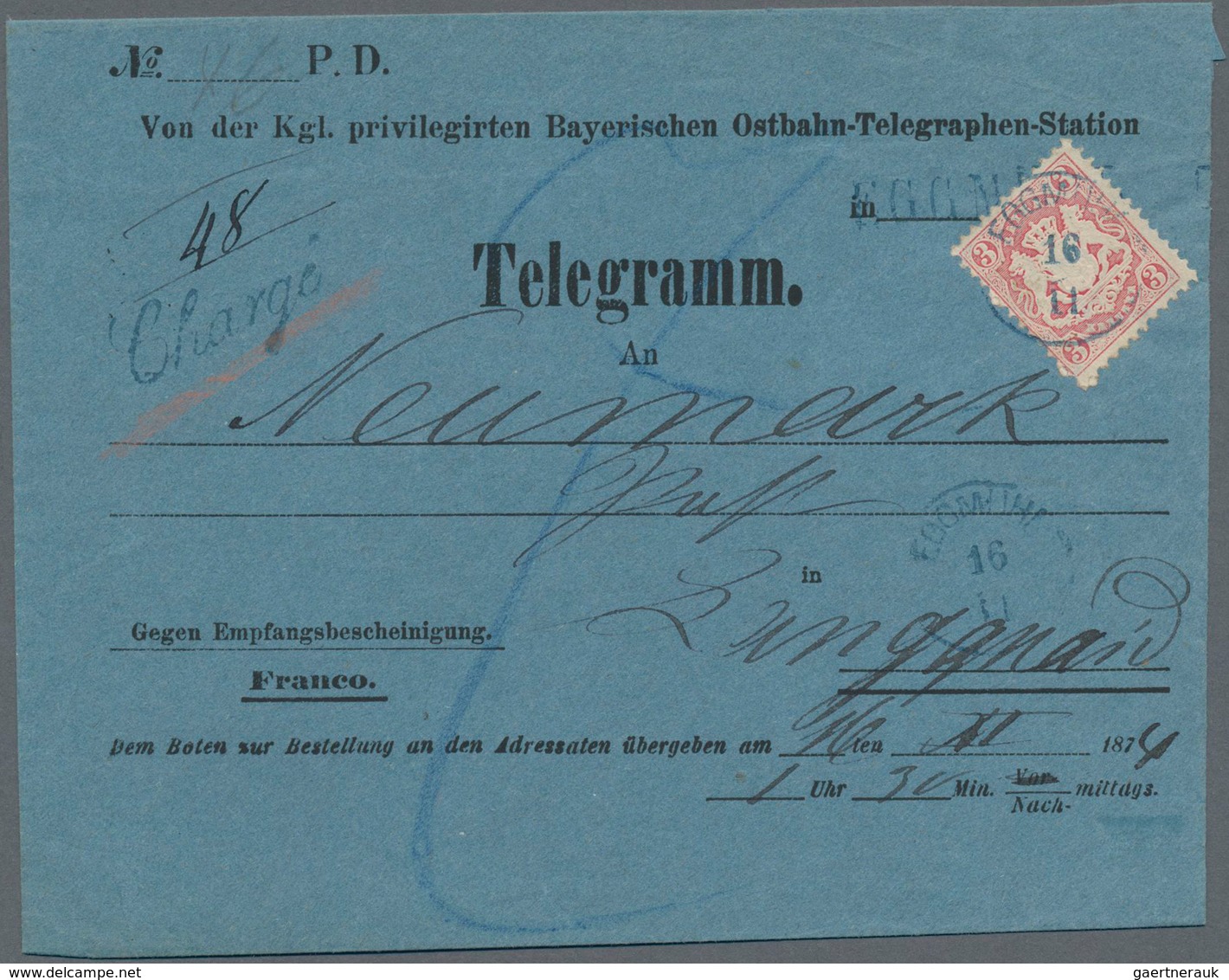 Bayern - Marken Und Briefe: 1870, Wappen 3 Kr. Rosa Auf TELEGRAMM Mit Blauem K1 "EGGMÜHL 16 11" Nach - Andere & Zonder Classificatie