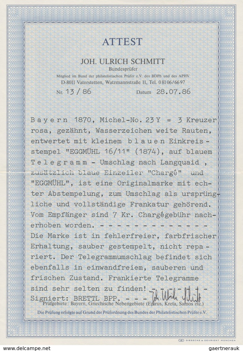 Bayern - Marken Und Briefe: 1870, Wappen 3 Kr. Rosa Auf TELEGRAMM Mit Blauem K1 "EGGMÜHL 16 11" Nach - Andere & Zonder Classificatie