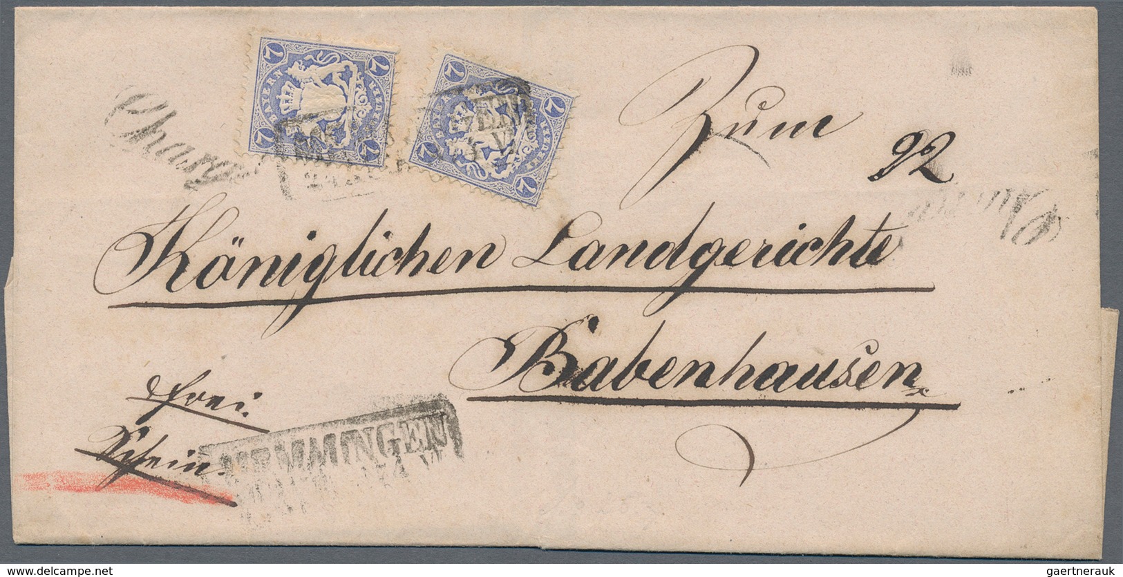 Bayern - Marken Und Briefe: 1870 Wappen 2x7 Kr. Blau Wasserzeichen X Auf Charge-Brief Von Memmingen - Andere & Zonder Classificatie
