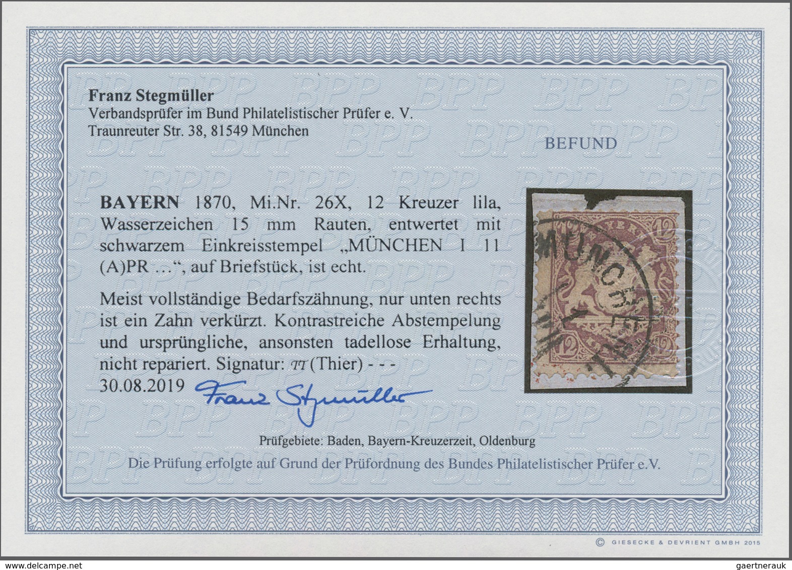 Bayern - Marken Und Briefe: 1870, 12 Kr. Dunkelbraunpurpur, Wz. Enge Rauten, Farbtiefes Exemplar In - Autres & Non Classés
