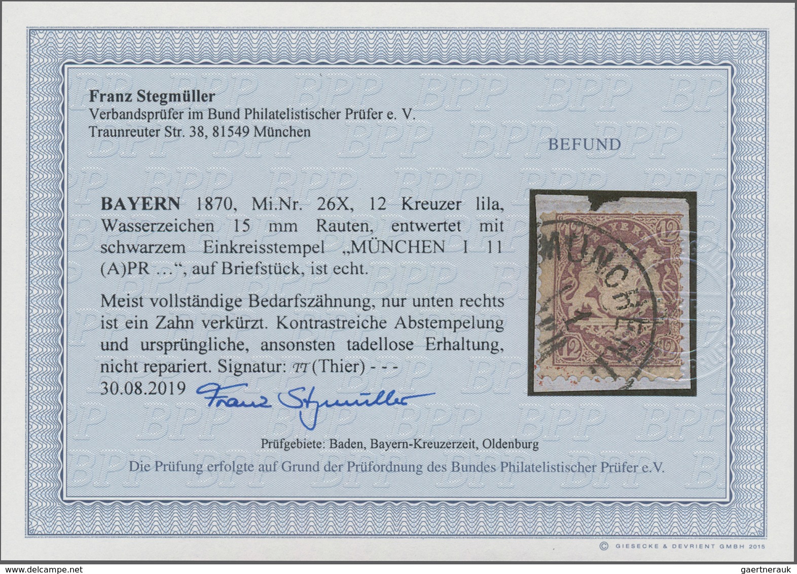 Bayern - Marken Und Briefe: 1870, 12 Kr. Dunkelbraunpurpur, Wz. Enge Rauten, Farbtiefes Exemplar In - Altri & Non Classificati