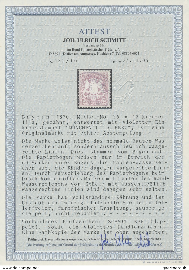 Bayern - Marken Und Briefe: 1870, Wappen 12 Kr. Lilaviolett Gezähnt Mit WASSERZEICHEN WAAGRECHTE LIN - Andere & Zonder Classificatie