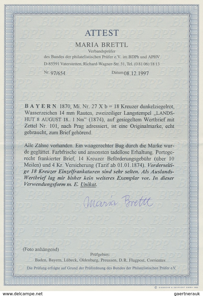 Bayern - Marken Und Briefe: 1870 Wappen 18 Kr. B-Farbe Dunkelziegelrot WZ X Als WERTBRIEF-EINZELFRAN - Andere & Zonder Classificatie