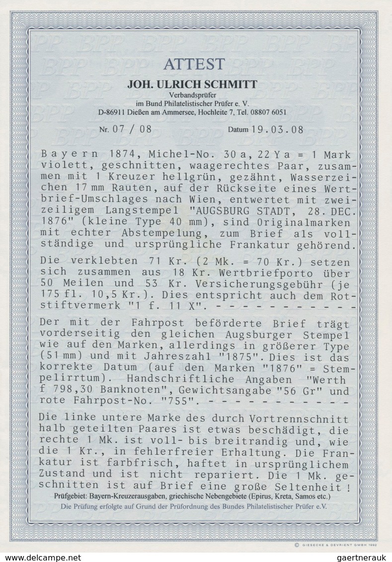 Bayern - Marken Und Briefe: 1874, Wappen 1 Mark Geschnitten Im PAAR +1 Kr. Auf WERTBRIEF Von Augsbur - Andere & Zonder Classificatie