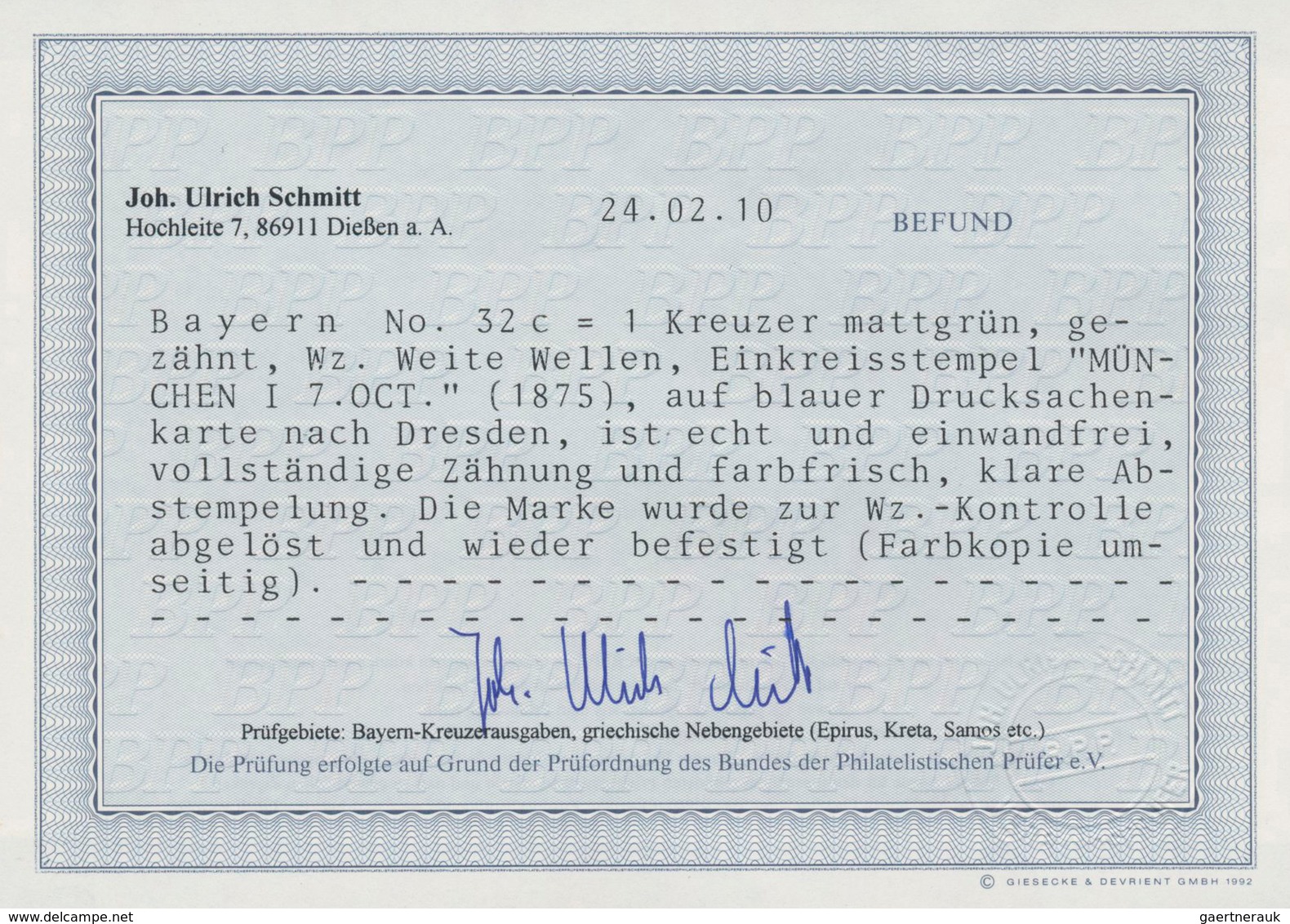 Bayern - Marken Und Briefe: 1874, Wappen 1 Kr. In C-Farbe Mattgrün Mit Wasserzeichen 2 (weite Wellen - Altri & Non Classificati