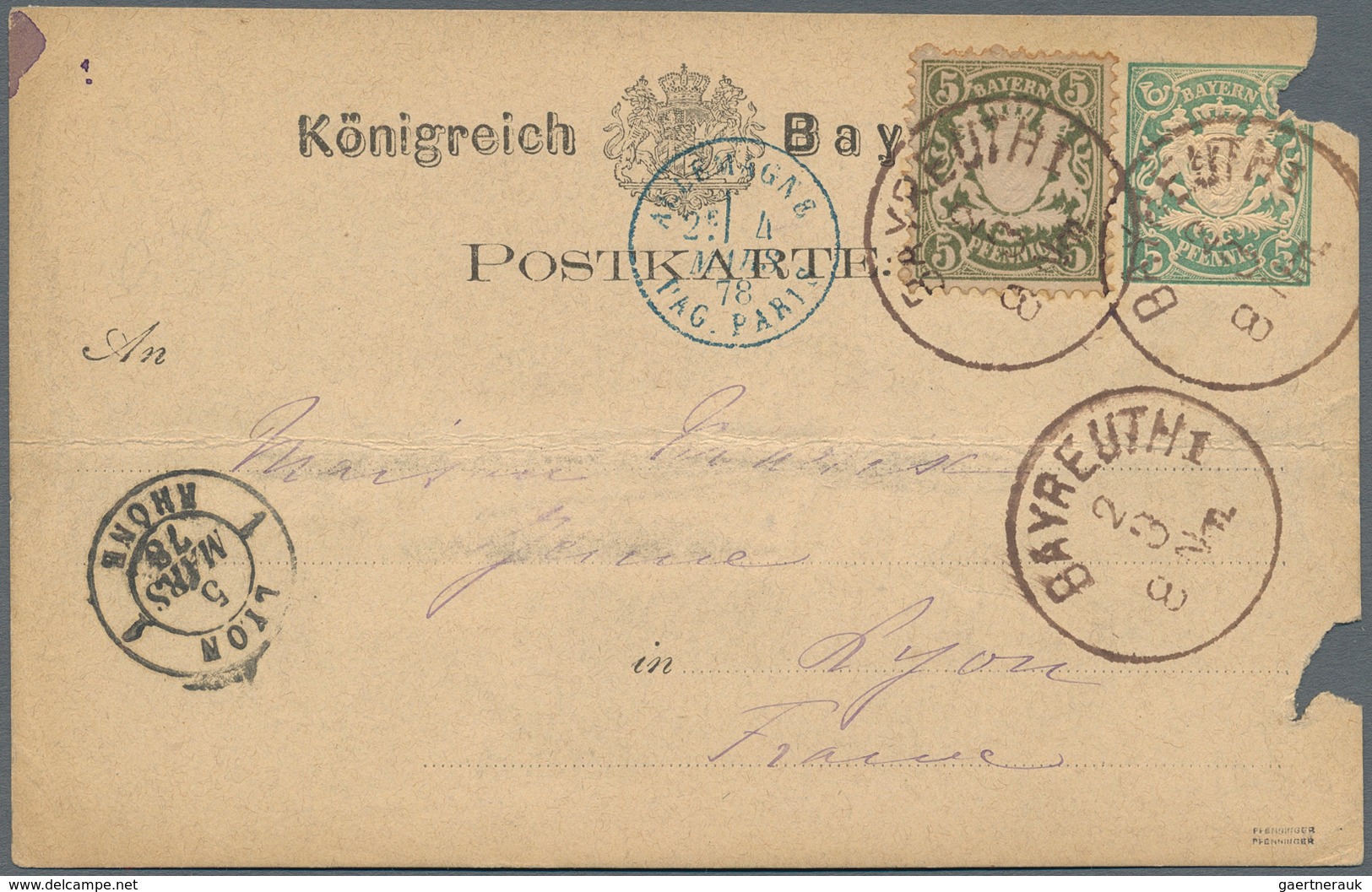 Bayern - Marken Und Briefe: 1876, 5 Pf Grauolivgrün Als Zusatzfrankatur Auf 5 Pf Ganzsachenkarte Von - Andere & Zonder Classificatie