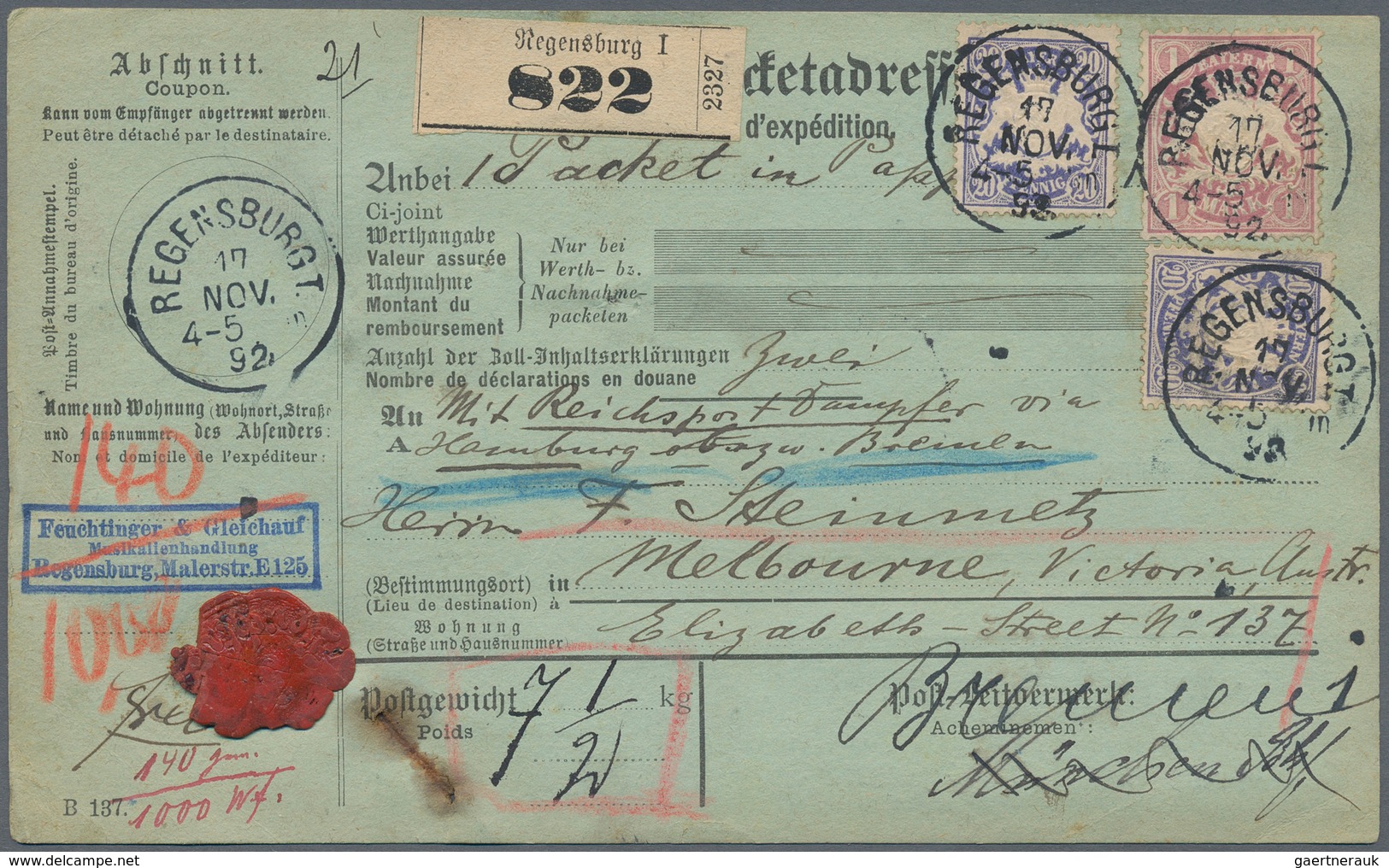 Bayern - Marken Und Briefe: 1892, Paketkarte Nach Melbourne, Fünfmal 2 Mark Orange Von 1890 Zusammen - Altri & Non Classificati