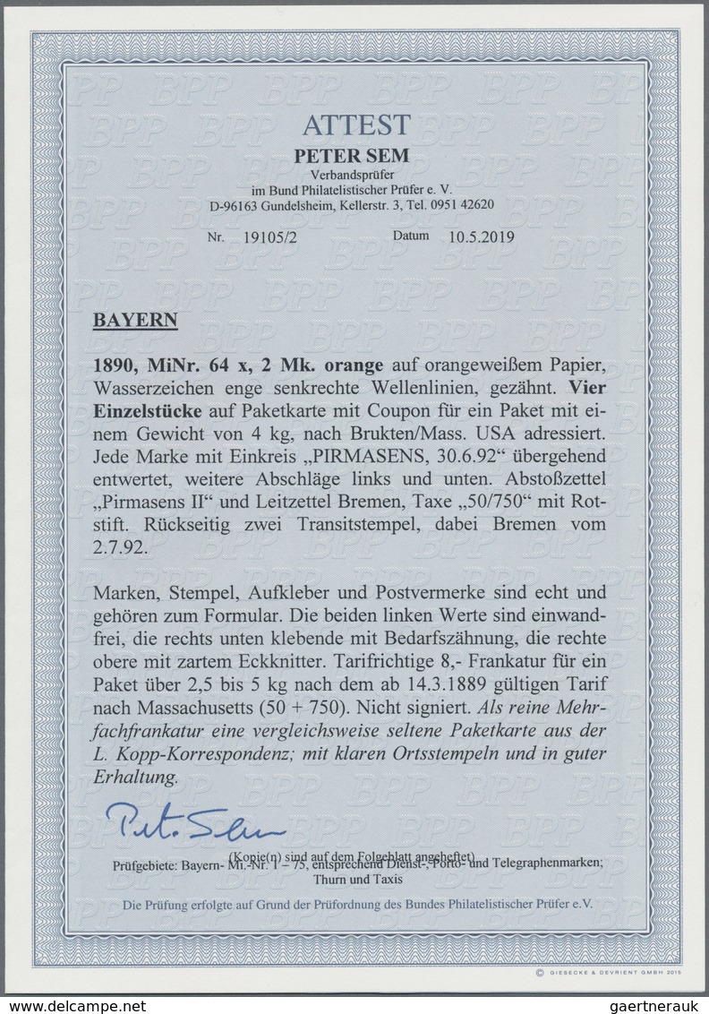 Bayern - Marken Und Briefe: 1890, 2 Mark Wappen Orange Auf Orangeweißem Papier, Vier Einzelstücke Al - Andere & Zonder Classificatie