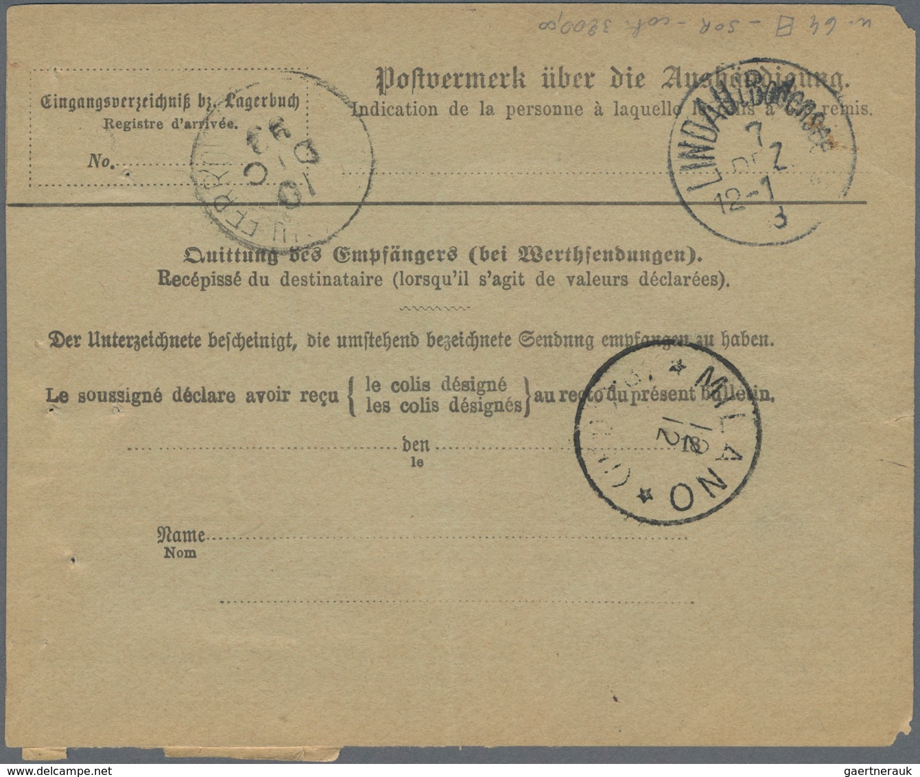 Bayern - Marken Und Briefe: 1890: 2x 2 M Orange, Senkrechtes Paar, Und 20 Pfg Blau Auf Paketbegleitk - Andere & Zonder Classificatie