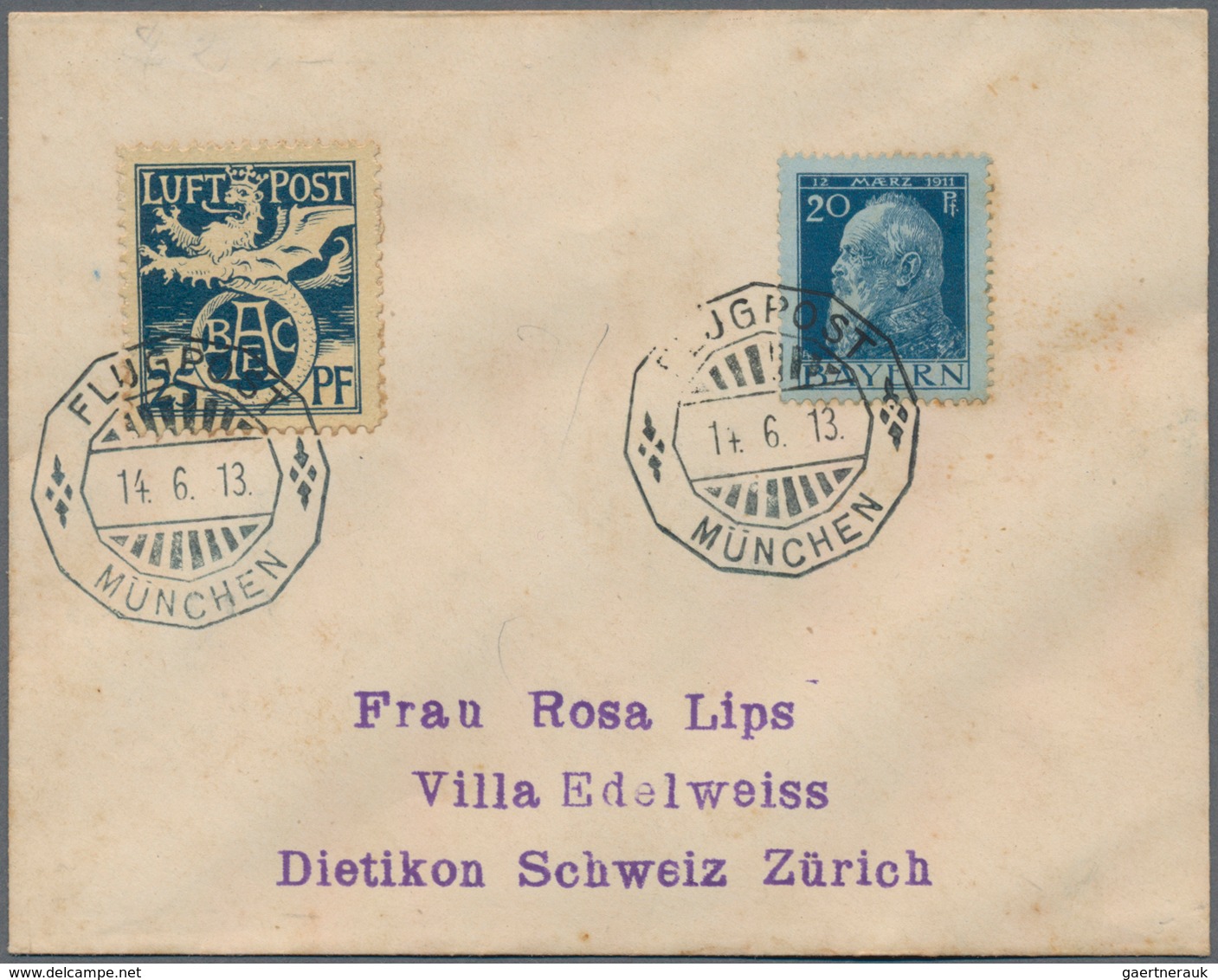 Bayern - Marken Und Briefe: 1912, 25 Pf Blau Flugpostmarke MiF Mit 20 Pf Luitpold Auf Kleinem Brief - Andere & Zonder Classificatie