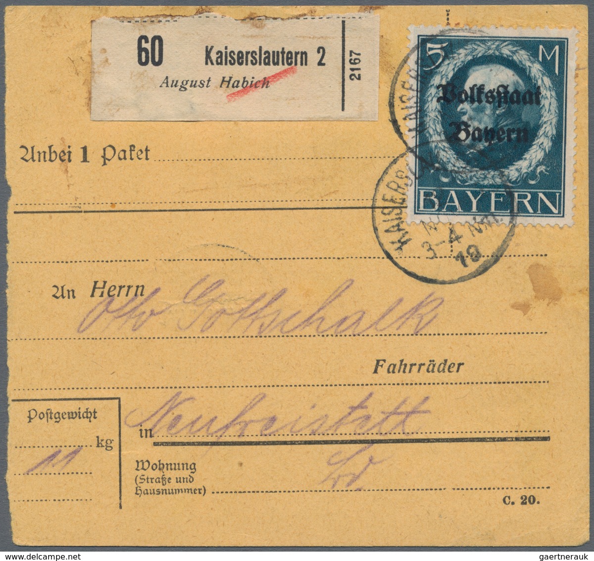 Bayern - Marken Und Briefe: 1916/1919, Drei Paketkarten-Stammteile: Eisenbahn-Dienstlochung "E" 20 P - Altri & Non Classificati