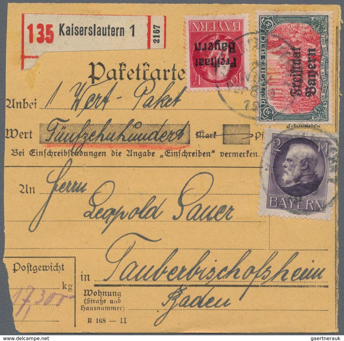 Bayern - Marken Und Briefe: 1916/1919, Drei Paketkarten-Stammteile: Eisenbahn-Dienstlochung "E" 20 P - Altri & Non Classificati