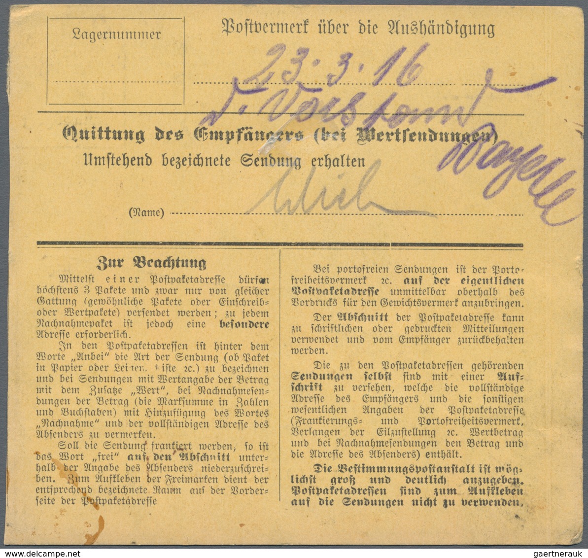 Bayern - Marken Und Briefe: 1916/1919, Drei Paketkarten-Stammteile: Eisenbahn-Dienstlochung "E" 20 P - Andere & Zonder Classificatie