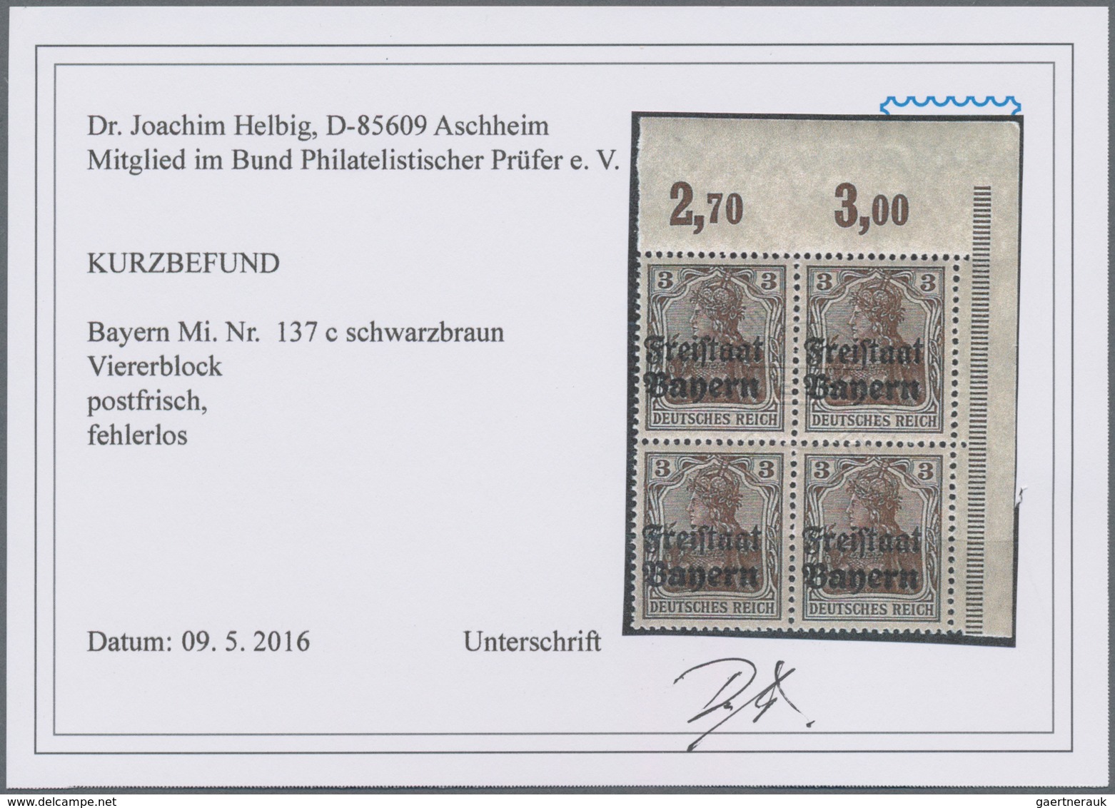 Bayern - Marken Und Briefe: 1919, 3 Pf Schwarzbraun Aufdruckwert Im 4er-Block Aus Der Rechten Oberen - Altri & Non Classificati