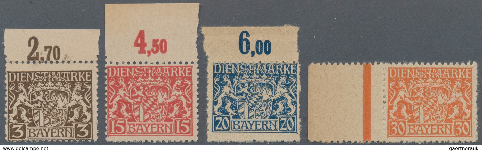 Bayern - Dienstmarken: 1916/1920, 3 Pf Dunkelbraun, 15 Pf Rot, 20 Pf Dkl'blau Und 30 Pf Orange Je Vo - Altri & Non Classificati