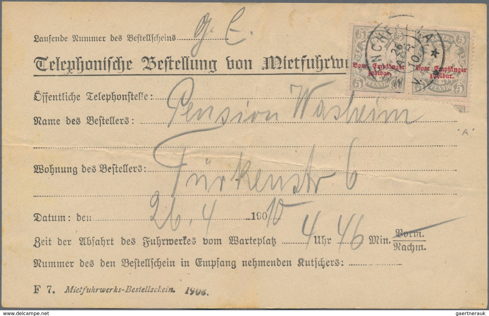 Bayern - Portomarken: 1910, 5 Pf Grau Im Waager. Paar Auf Formular "Teleph. Bestellung V. Mietfuhrwe - Andere & Zonder Classificatie