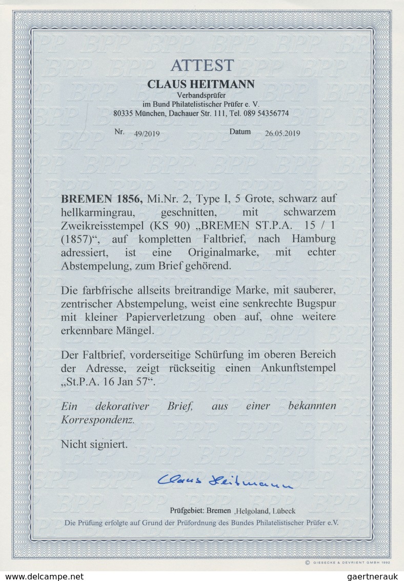 Bremen - Marken Und Briefe: 1856, Staatswappen Im Wappenschild 5 Gr Schwarz Auf Hellkarmingrau, Auße - Bremen
