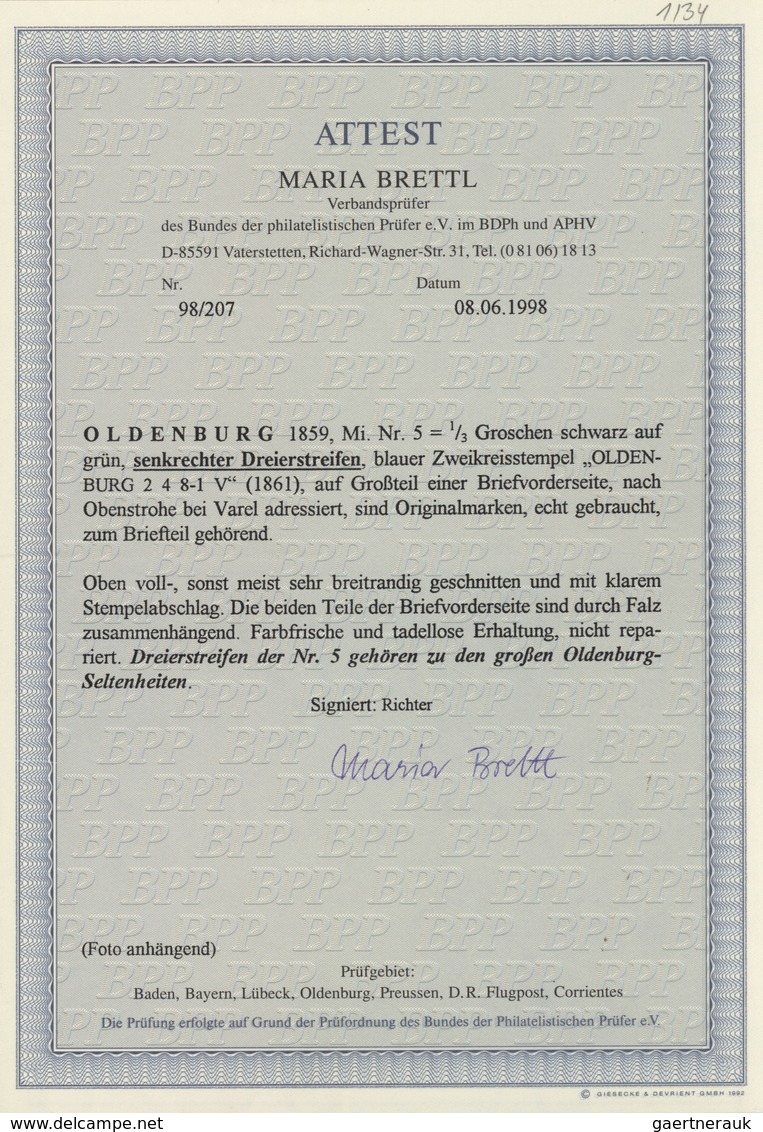 Oldenburg - Marken Und Briefe: 1859/61: ⅓ Gr. Schwarz Auf Grün, Senkrechter Dreierstreifen, Farbfris - Oldenburg