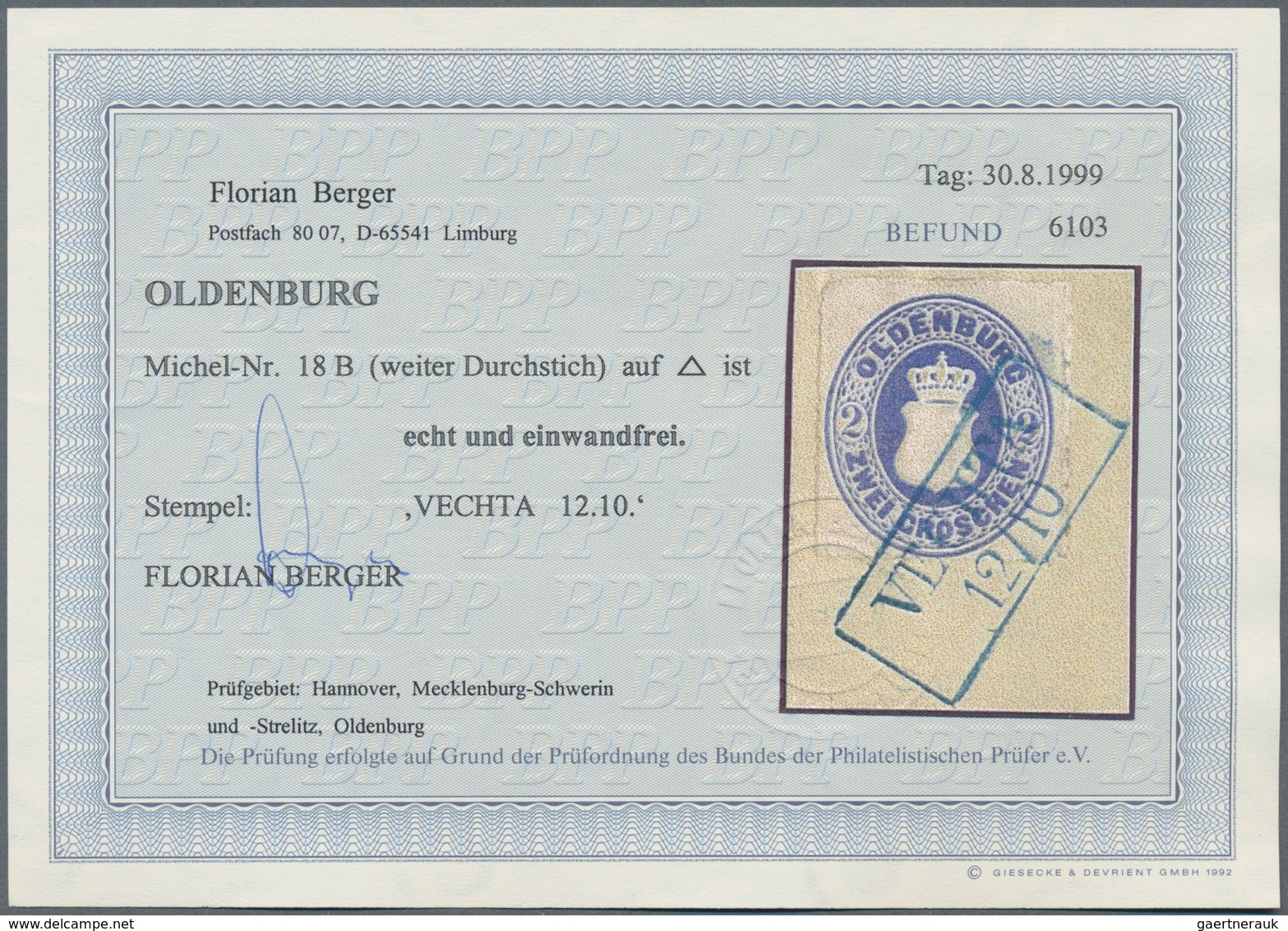 Oldenburg - Marken Und Briefe: 1867, 2 Gr. Ultramarin, Weiter Durchstich, Farbfrisches Exemplar Auf - Oldenburg
