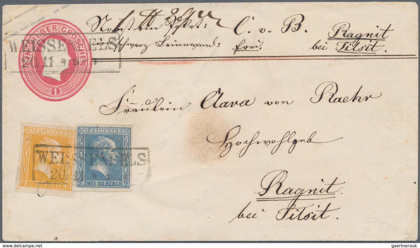 Preußen - Marken Und Briefe: 1858, 1 Sgr Karmin Ganzsachenumschlag Mit Zusatzfrankatur 2 Sgr Blau U. - Andere & Zonder Classificatie